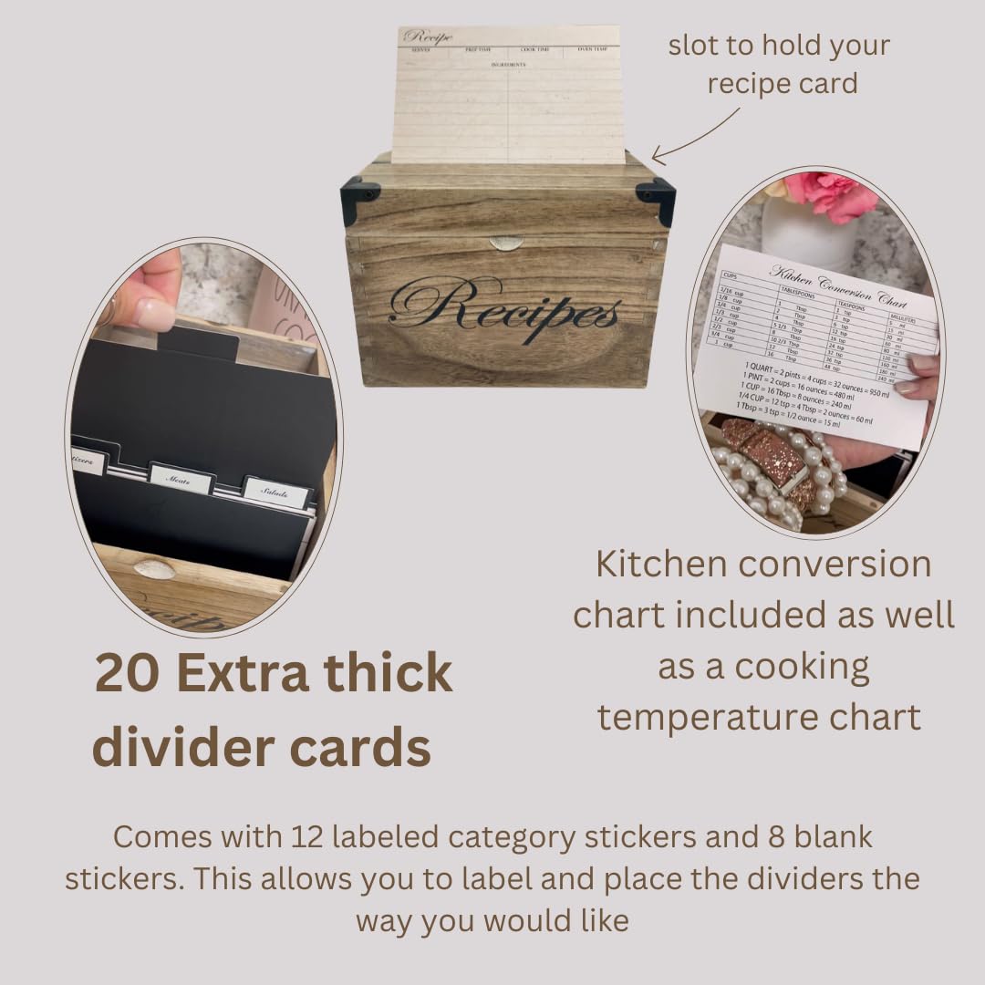 Wooden Recipe Box with Cards and Dividers - Large Rustic 4x6 Recipe Card Box, Wipe Clean Surface, Recipe Card Holder, 100 Double-Sided Cards, 20 Thick Dividers with Stickers, Charts, Complete Gift Set NIIVIIN