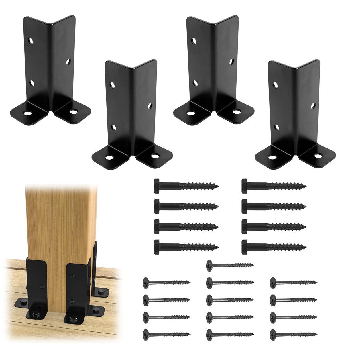 Muzata 4Pack Adjustable Post Base Brackets Deck Post Anchor Fit 1.5x1.5,2x2,2x4,4x4 Post Heavy Duty Wood Fence Pergola Post Base Support Black Half Column for Deck Railing Mailbox WT32 Muzata