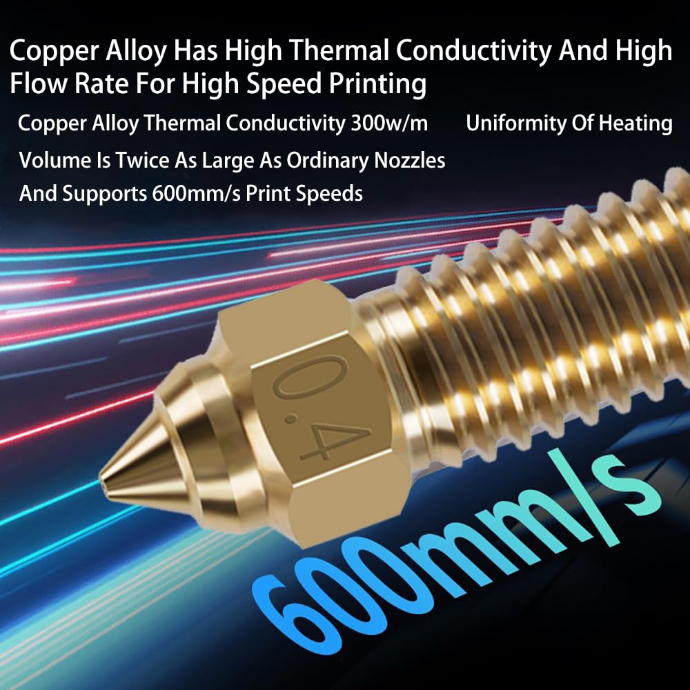 10PCS 3D Printer Extruder Nozzles Kit for K1/K1 Max/Ender 3 V3 KE, Packed High Temperature and Wear Resistance 5PCS 0.4mm, 1PC 0.2mm, 1PC 0.6mm, 1PC 0.8mm, 1PC 1.0mm and 1PC 1.2mm Brass Nozzles CNZTHDY