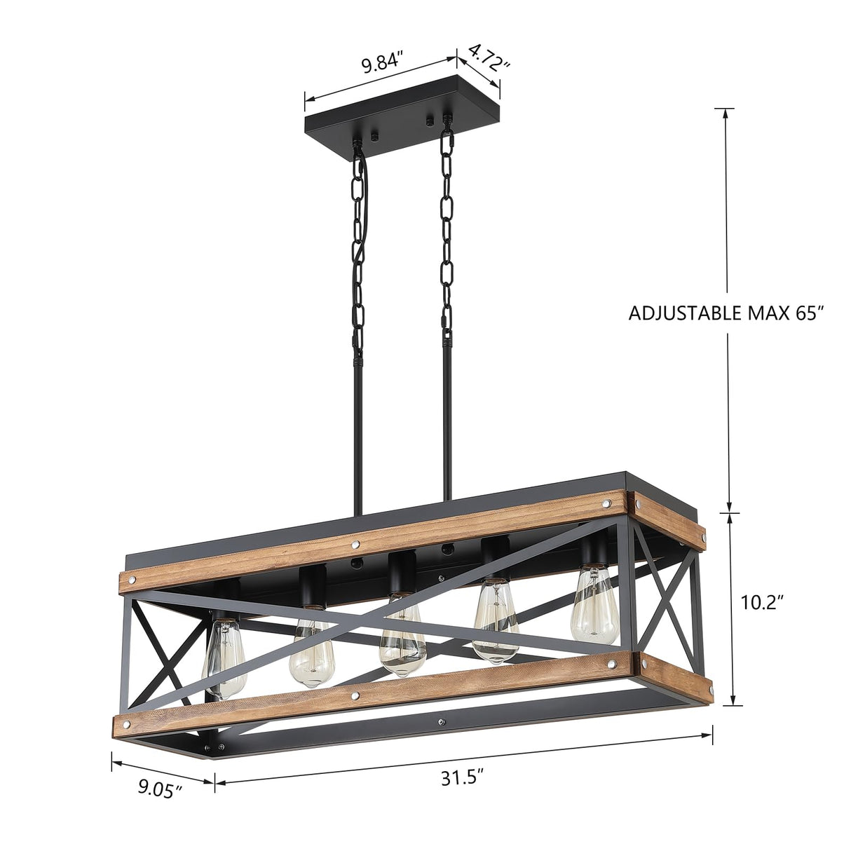 Rustic Farmhouse Wood Kitchen Island Lighting, 5 Lights Rectangular Pendant Light Fixture, Adjustable Chain Oak Wood and Metal Linear Chandelier for Dining Room Kitchen Island Farmhouse, Black RKUCSR