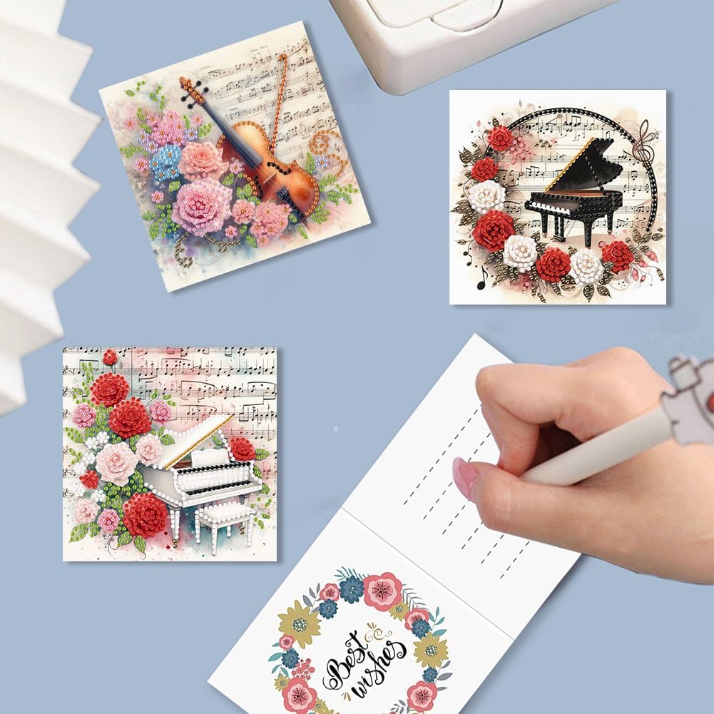 pigpigboss 6 Packs Music Diamond Painting Greeting Card Kit, Special Shaped Flower Piano Violin Guitar Diamond Art Birthday Cards with Envelope for Music Lover Holiday Blessing pigpigboss