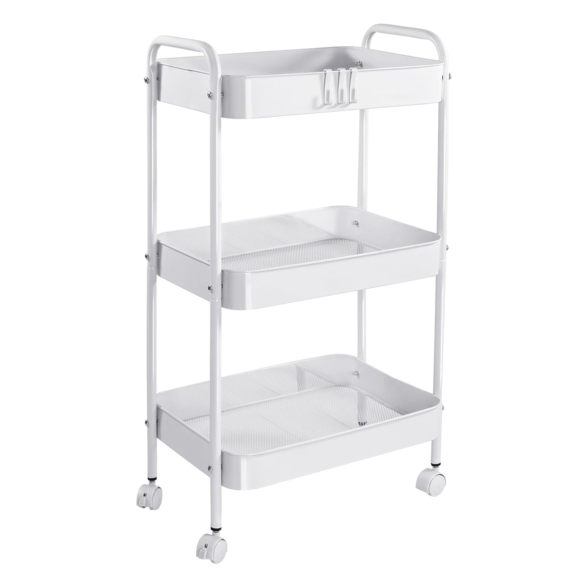 Vtopmart 3 Tier Metal Rolling Cart, Utility Rolling Carts with Wheels, Handle and Lockable Casters, Storage Trolley with Hooks, Easy Assemble for Kitchen, Living Room, Office, Nursery, Garage (White) Vtopmart