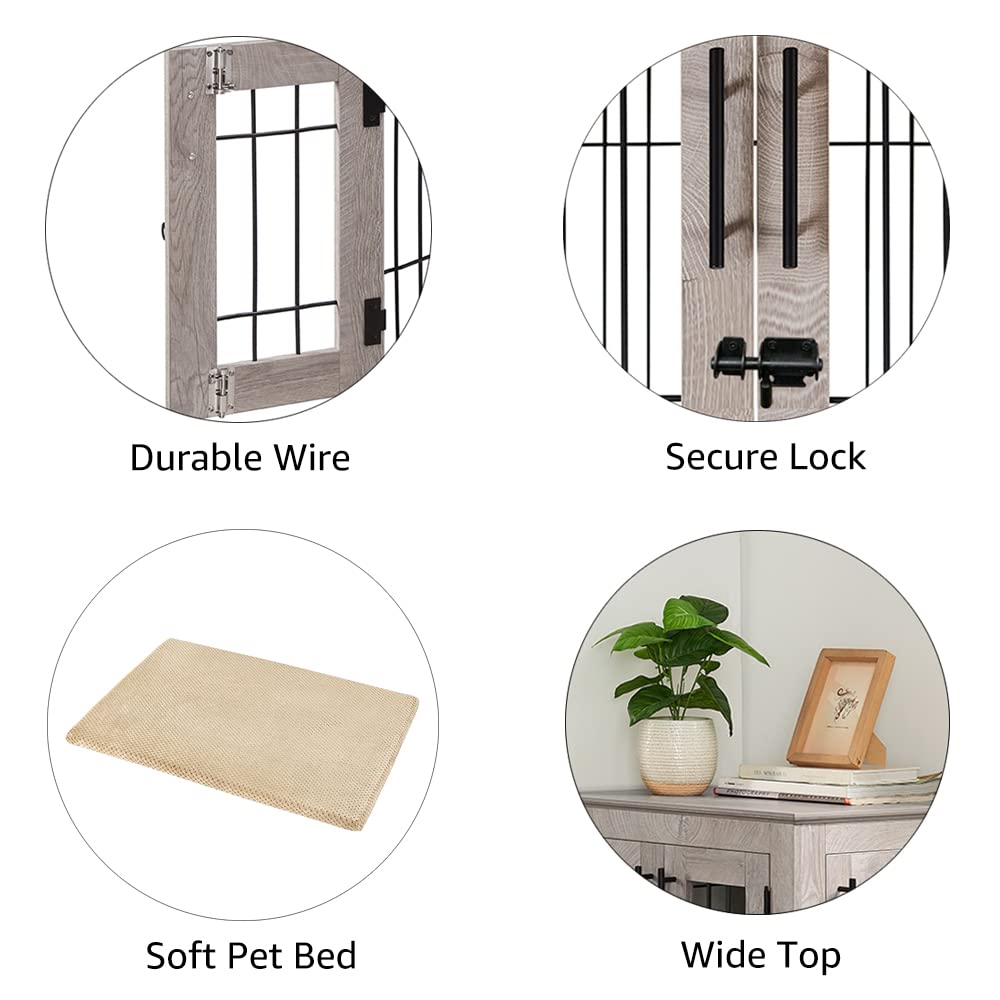 beeNbkks Furniture Style Dog Crate End Table, Double Doors Wooden Wire Dog Kennel with Pet Bed, Decorative Pet Crate Dog House Indoor Medium Large beeNbkks