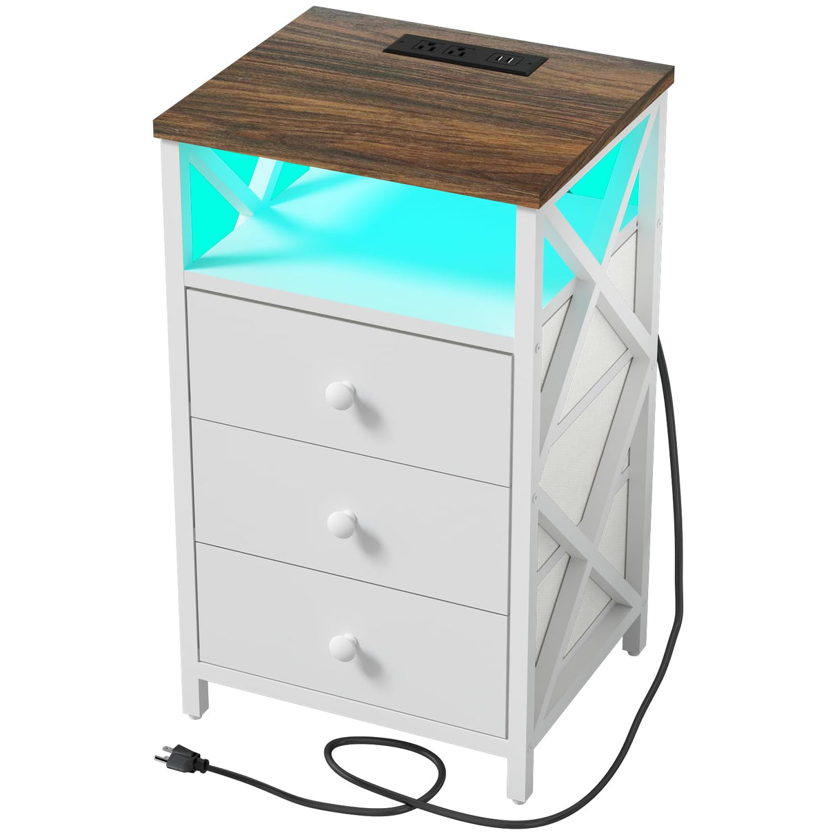 LTTDOUK LED Nightstand with Charging Station, Tall Dresser for Bedroom with LED Light, Side Table Bedside Tables with USB Ports and Outlets, White End Table with Drawer for Bedroom, Living Room LTTDOUK