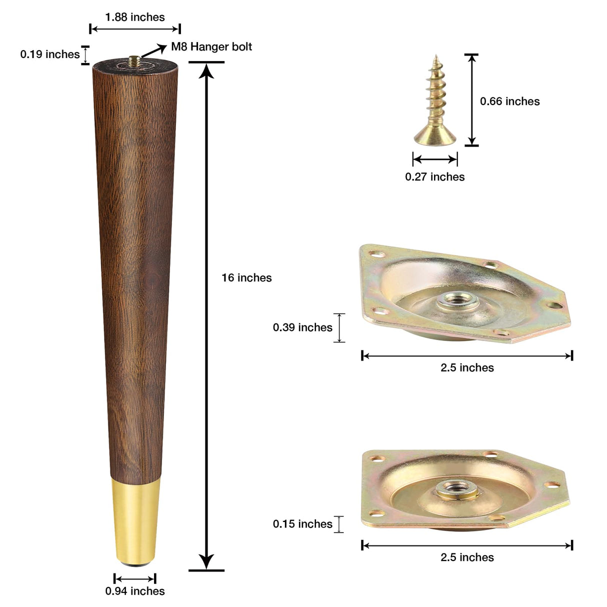 ALAMHI Wood Furniture Legs 16 inch - Coffee Table Legs - Mid Century Feet Replacement for Legs for Table - Coffee Table, Desk, Chair, Dresser, Ottoman, Cabinet, bench legs, Etc. Brown ALAMHI