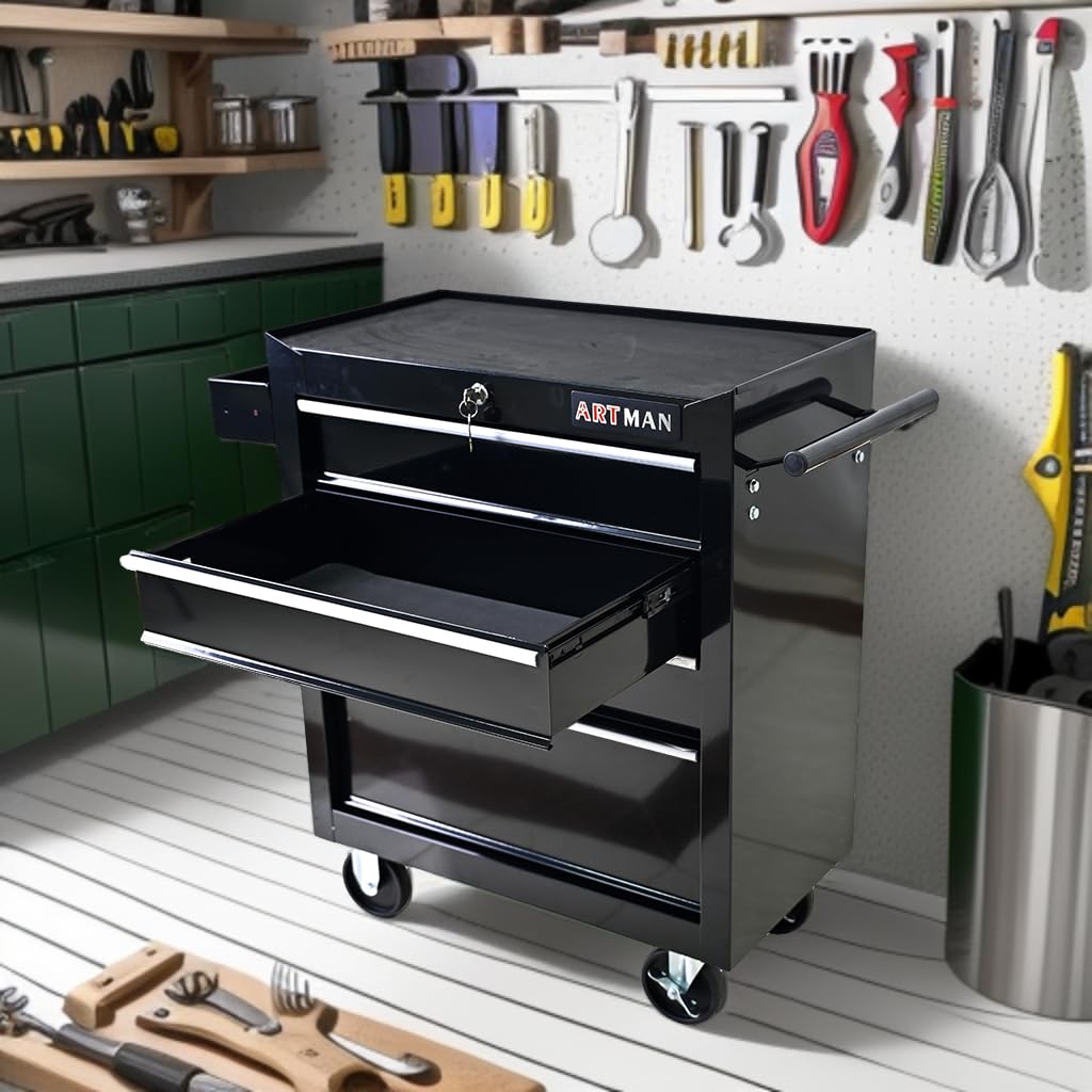 SumKea 4 Drawers Cart 24.25" Rolling Toolbox, with Key Locking and 4 Wheels Tool Boxes, Suitable for Garages, Warehouses, Workshops, Repair Shops, Black SumKea