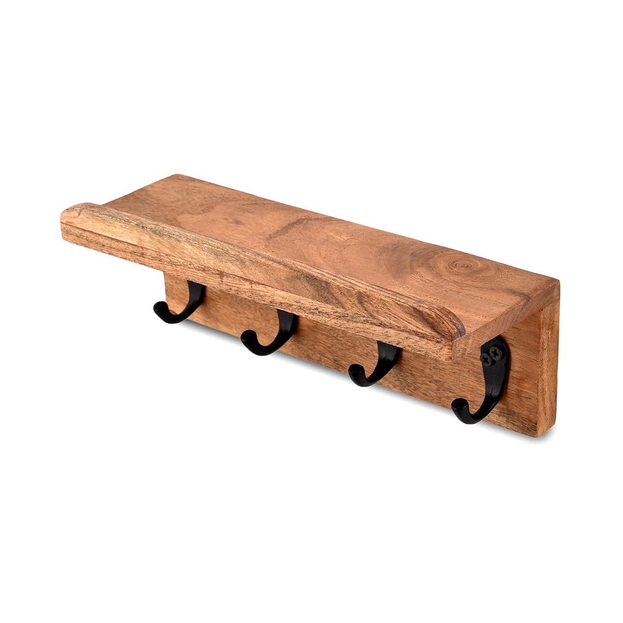 NIRMAN Acacia Wood Rustic Key Holder for Wall, Farmhouse Wall Shelf with 4 Hooks for Entryway Farmhouse Kitchen (10" x 3.5" x 3.5") NIRMAN