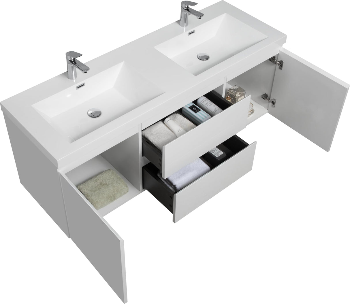 60" Floating Bathroom Vanity with Sink, Modern Wall-Mounted Bathroom Storage Vanity Cabinet with Double Resin Top Basin and Two Soft Close Drawers, Glossy White Wekuku