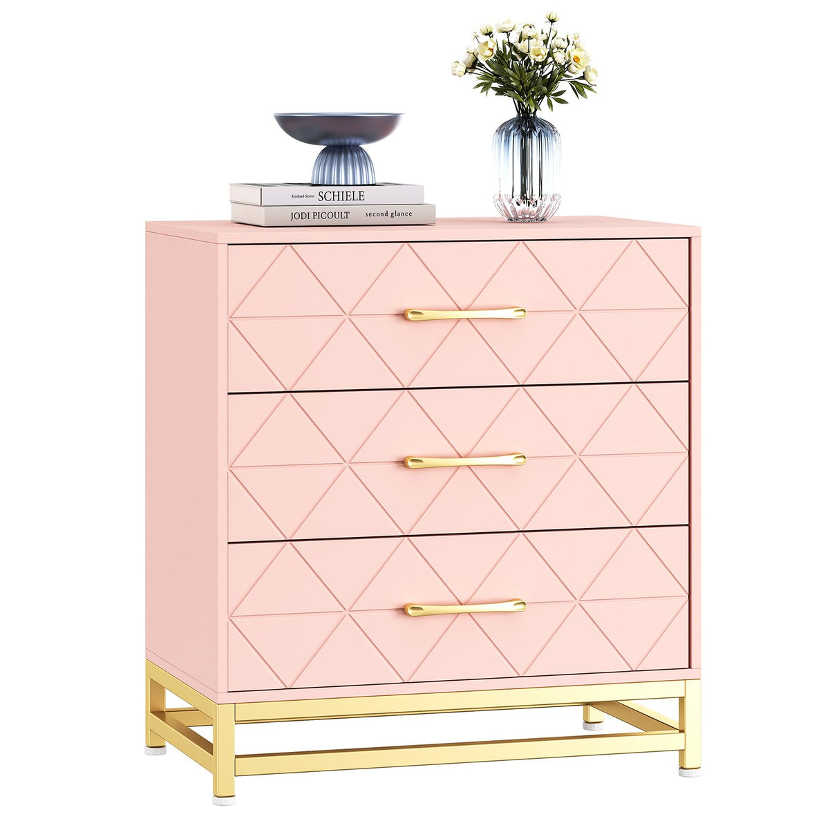 GAOMON Dresser for Bedroom with 3 Drawer, Modern Dressers Chest of Drawers, with Wide Drawers and Metal Handles, Wood Dressers, Pink GAOMON