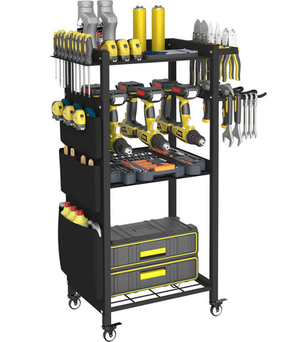 Artibear 4-Tier Rolling Power Tool Organizer Storage Cart, Garage Organization on Wheels Tool Cart with Drill Set Rack Shelf, Mechanic Utility Cart for Workbench & Outdoors Working, Gift for Men Dad
