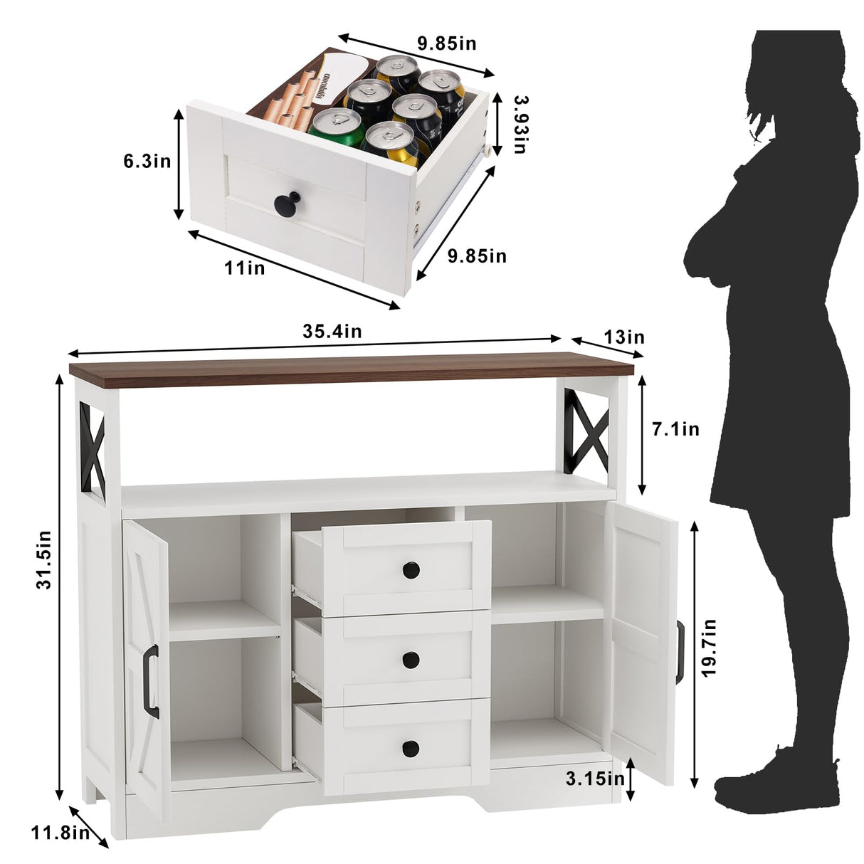 YGEOMER Buffet Cabinet Sideboard Farmhouse Coffee Bar with 3 Drawers and 2 Doors, Wood Kitchen Table Wine Bar Storage Cabinet for Dining Room YGEOMER