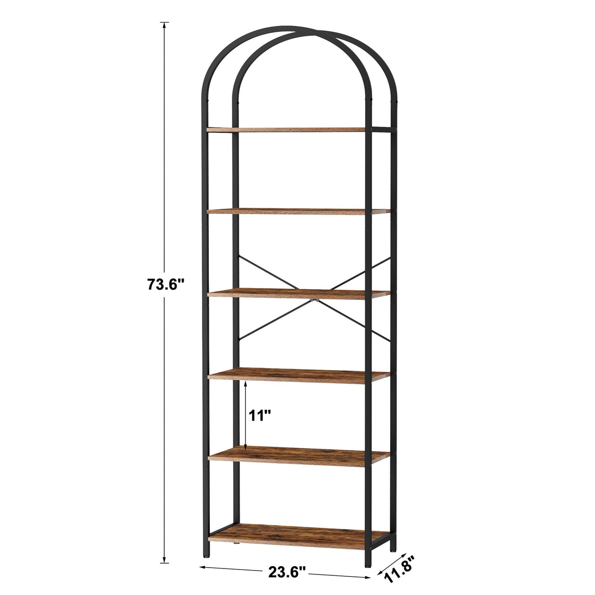 Homhedy 6-Tier Bookshelf Arched Display Racks, Wood and Metal Bookcase, Tall Bookshelf, Industrial Display Standing Shelf Unit, for Home Office, Living Room, Bedroom, Bathroom, Rustic Brown Homhedy