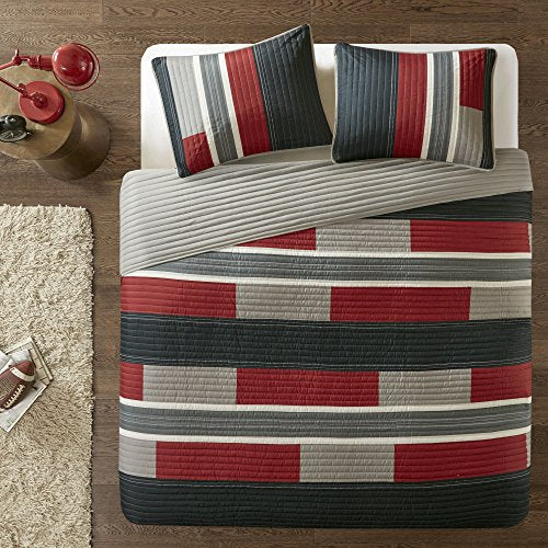 Comfort Spaces Quilt Set Trendy Casual Fun, Vibrant Color Design, Hypoallergenic All Season, Lightweight Coverlet Bedspread Cozy Kids Bedding & Sham Twin/Twin XL Pierre Black/Red Stripe 2 Piece Comfort Spaces