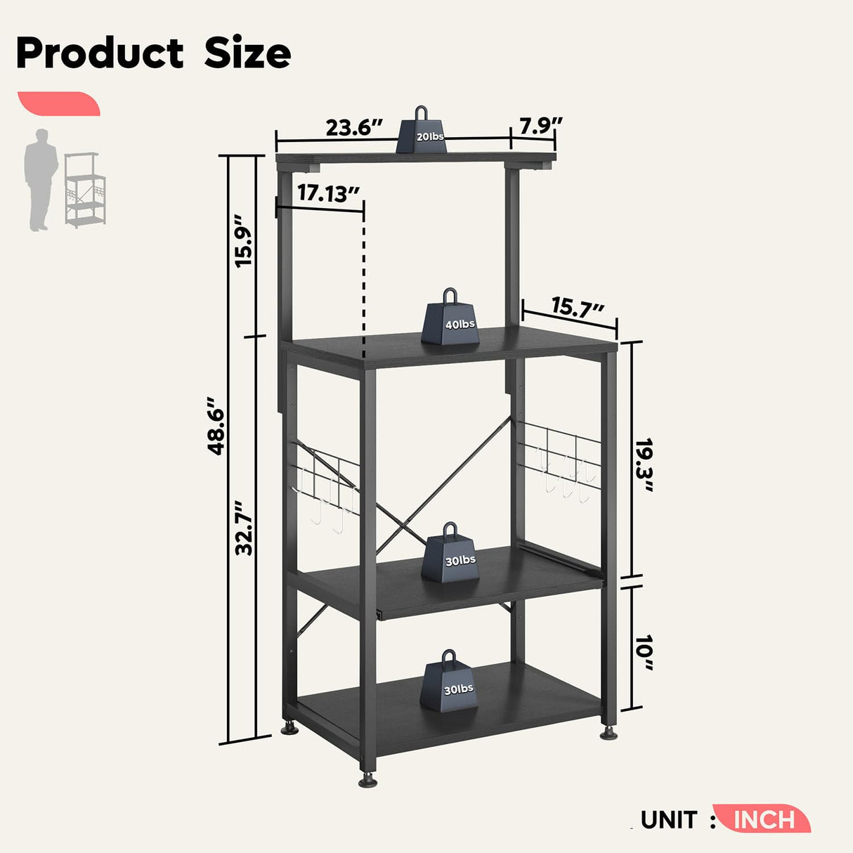 Bestier 4-Tier Black Kitchen Bakers Rack with Pull-Out Shelf & Hooks on Wheels Bestier