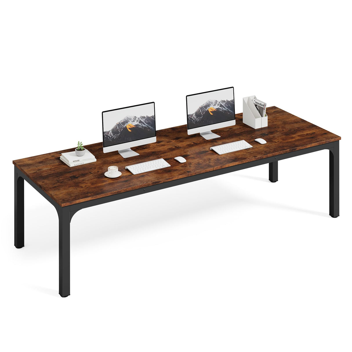 LITTLE TREE Two Person Desk, 78.7 Inches Extra Long Computer Desk, Wooden Large Office Desk with Strong Metal Legs, Double Desk for 2 People, Writing Table Study Desk for Home Office, Brown & Black LITTLE TREE