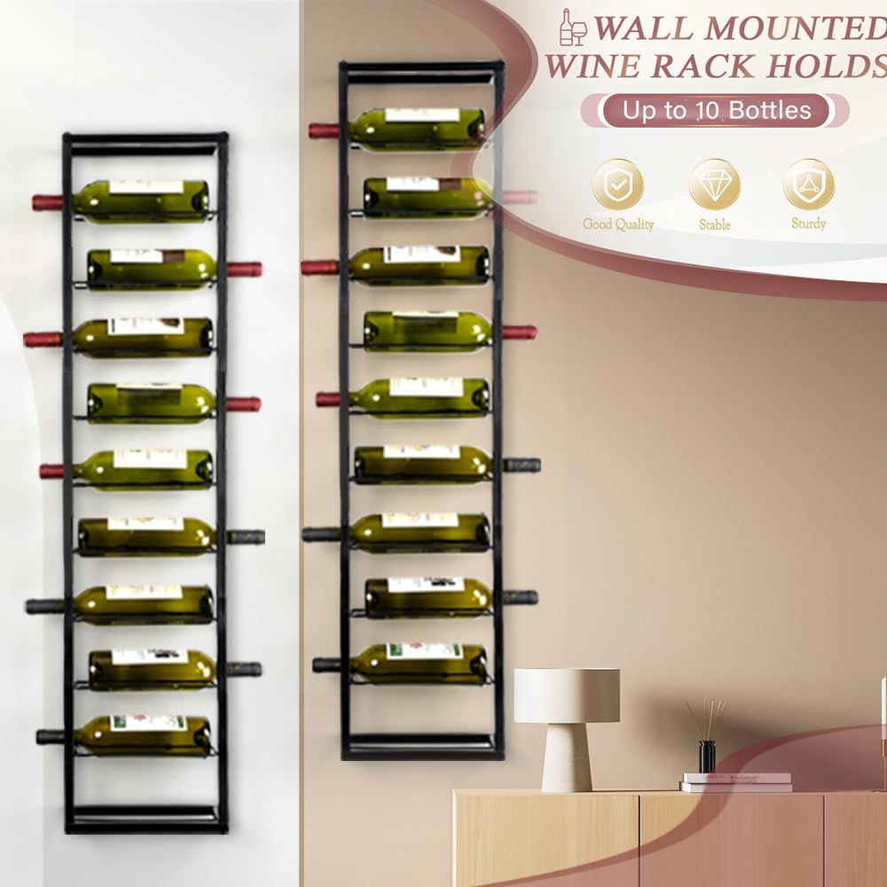 AQAREA Wall Mounted Wine Rack: Metal Hanging 10 Bottle Wine Holder - Black Wine Storage Rack AQAREA