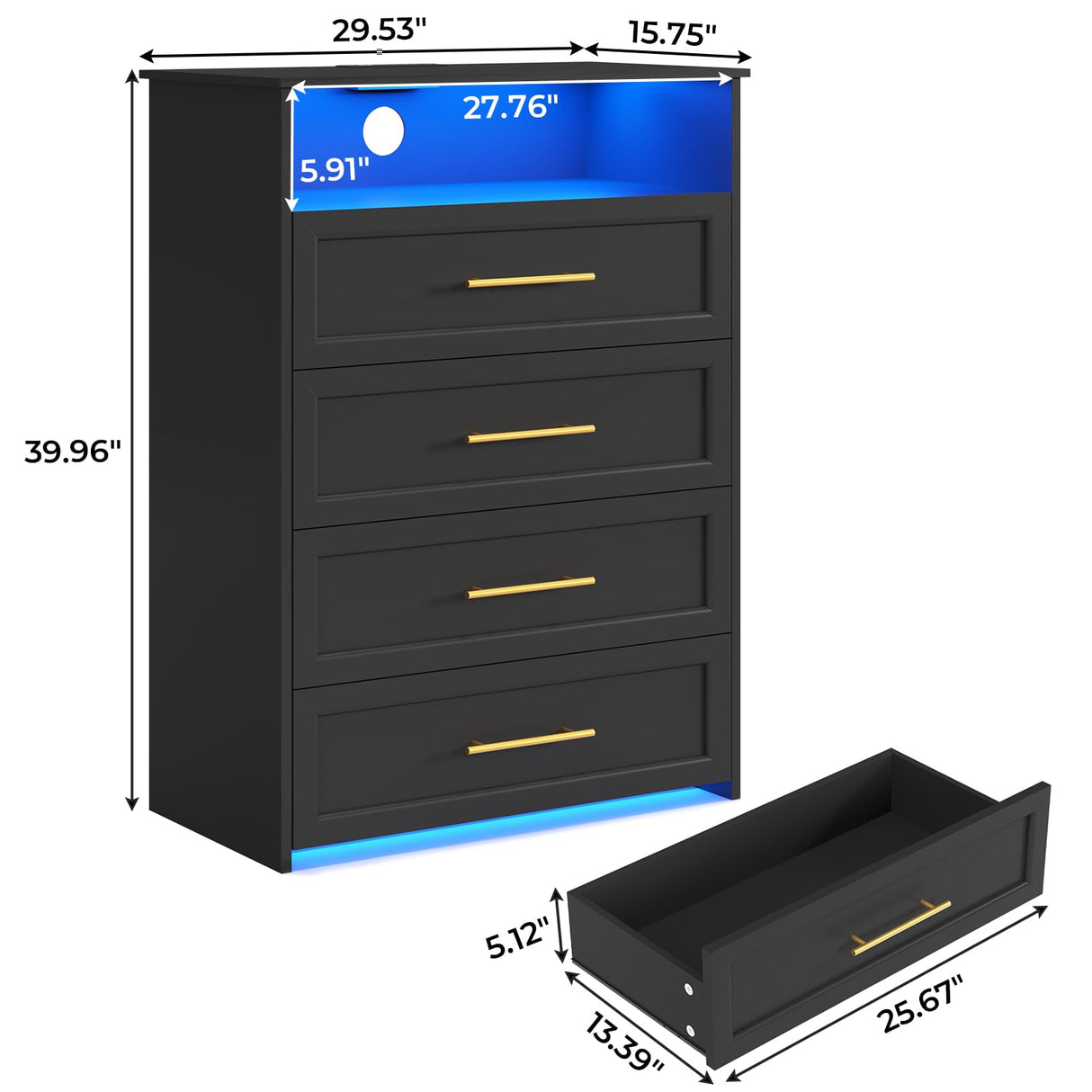 AOGLLATI Black Dresser for Bedroom with Charging Station, Chest of Drawer with Dual Led Light,4 Drawer Dresser, Modern Bedroom Led Wood Wide Dresser for Bedroom AOGLLATI