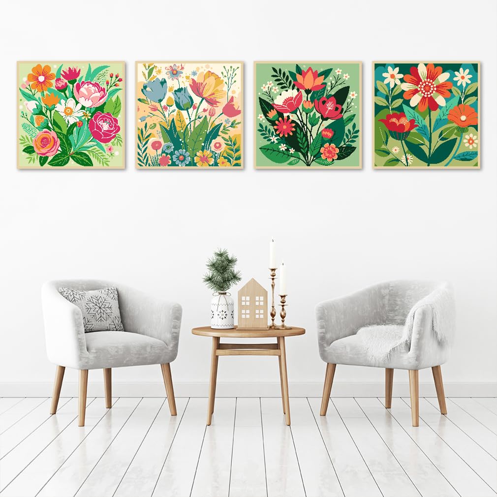 4 Pack Paint by Number for Adults, Easy Flowers Paint by Numbers Kits for Beginners with Paints Brushes, DIY Flowers Acrylic Paint Set Arts and Crafts for Home Decor 8×8 Inch Mrnsiet