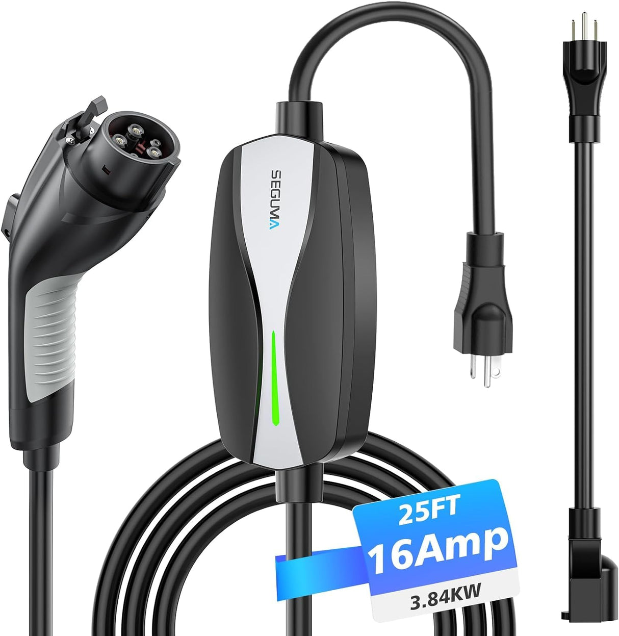 SEGUMA Level 1/2 EV Charger, 16Amp Electric Car Charger Portable EV Charger 25FT Cable with NEMA 6-20 Plug and NEMA 5-15 Adapter, Home Mobile EV Charging Station for J1772 BEVs/PHEVs 110V-240V(Black) SEGUMA