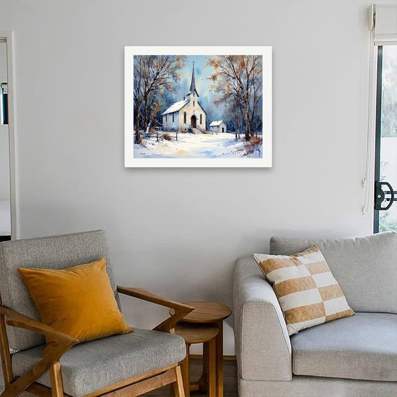 Winter Church Paint by Numbers Kit for Adults - DIY Snowy Chapel Scene Painting on Canvas 16x20 Inches, Acrylic Paint Set, Suitable for Beginners, Tranquil Art for Home Decoration or Gifts TAOPAOLAB