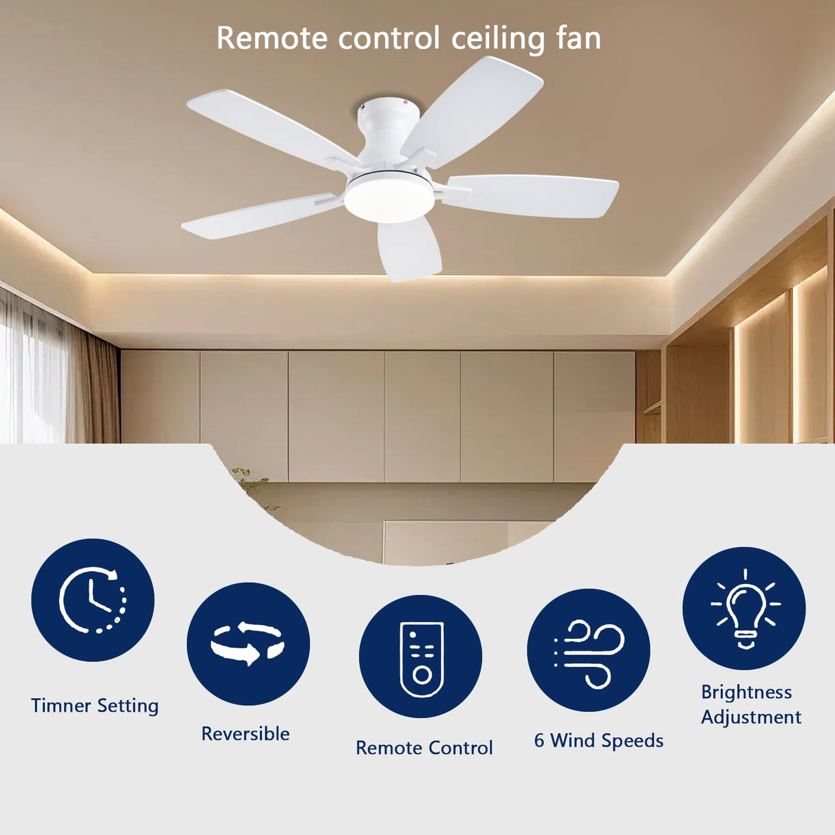 JSAITEE Ceiling Fans with Lights, 42 Inch Low Profile Ceiling Fan with Light and Remote Control, Flush Mount, DC Reversible Motor, Noiseless, White 6 Speeds Ceiling Fan for Bedroom JSAITEE