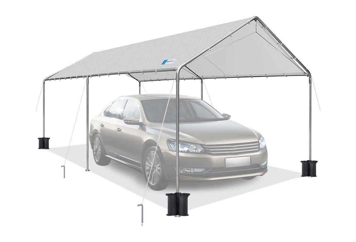 10x20 ft Heavy Duty Car Canopy Galvanized Frame Carport Outdoor Party Tent Boat Shelter with Reinforced Structure, No Sidewall - Light Grey SAILARY