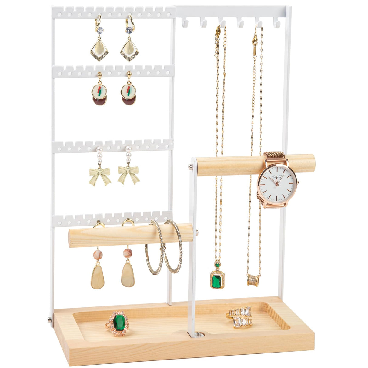 Jewelry Organizer Stand, Jewelry Holder, Lengnoy 4 Tier Earring Holder with 48 Holes and 6 Hooks Necklace Organizer Wood Box for Necklace Bracelet Earring Ring, White lengnoyp