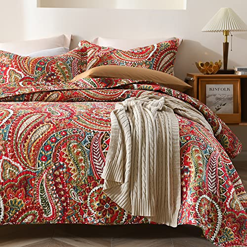 ENASAL Cotton Bedspread Quilt Sets, Reversible Bedding Coverlet Sets Comforter, Floral Paisley Bedspread (Red, King Size) ENASAL