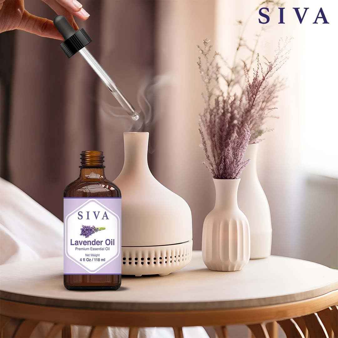 SIVA Lavender Essential Oil - 4 Fl Oz – Natural Lavender Oil - for Diffuser, Face, Skin Care, Aromatherapy, Hair Care, Scalp and Body Massage - with Dropper SVA ORGANICS