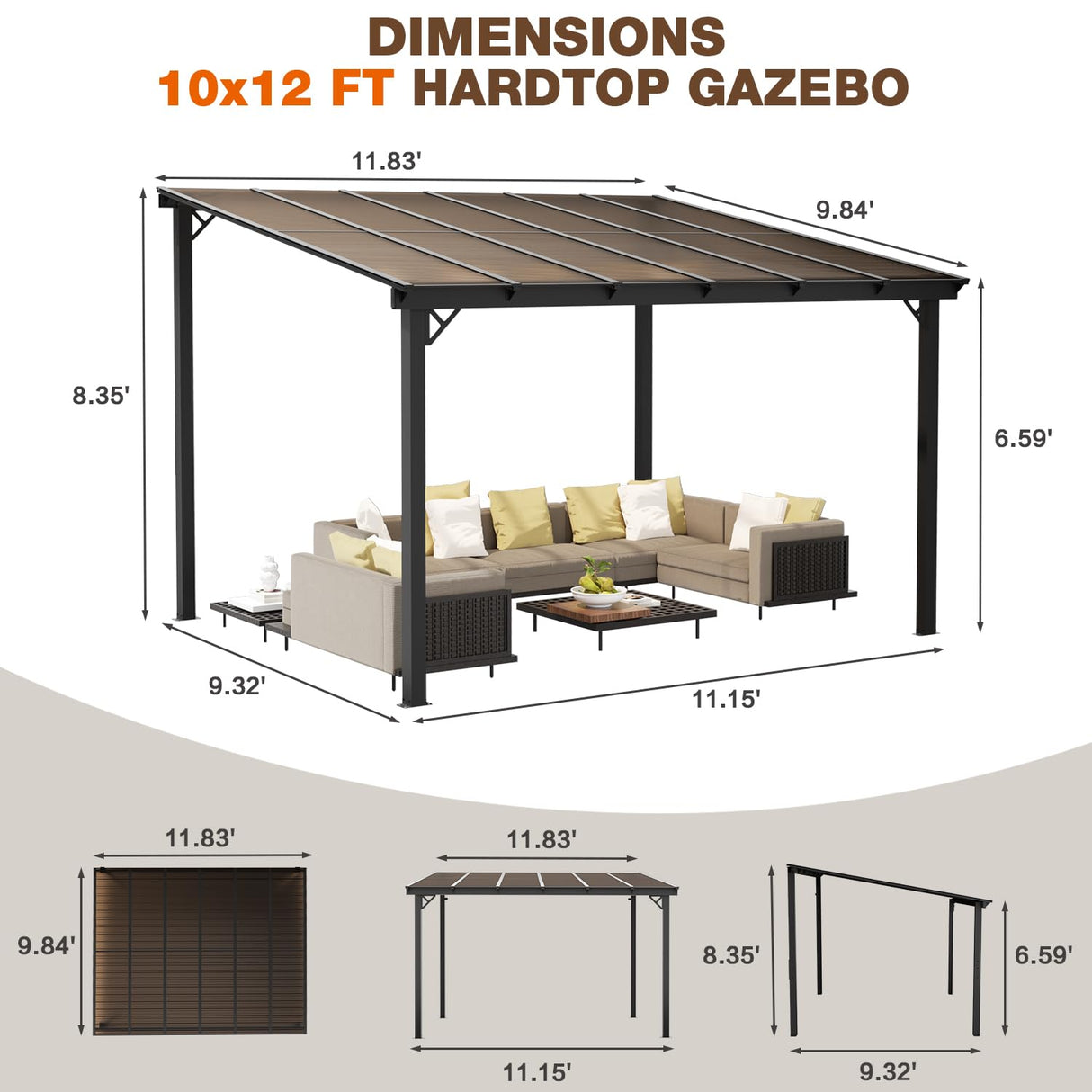 EBE 12' x 10' Gazebo, Wall Mounted Gazebo Pergola on Clearance, Hardtop Lean to Gazebo Awning with Sloped Roof, for Patio, Porch, Deck EBE
