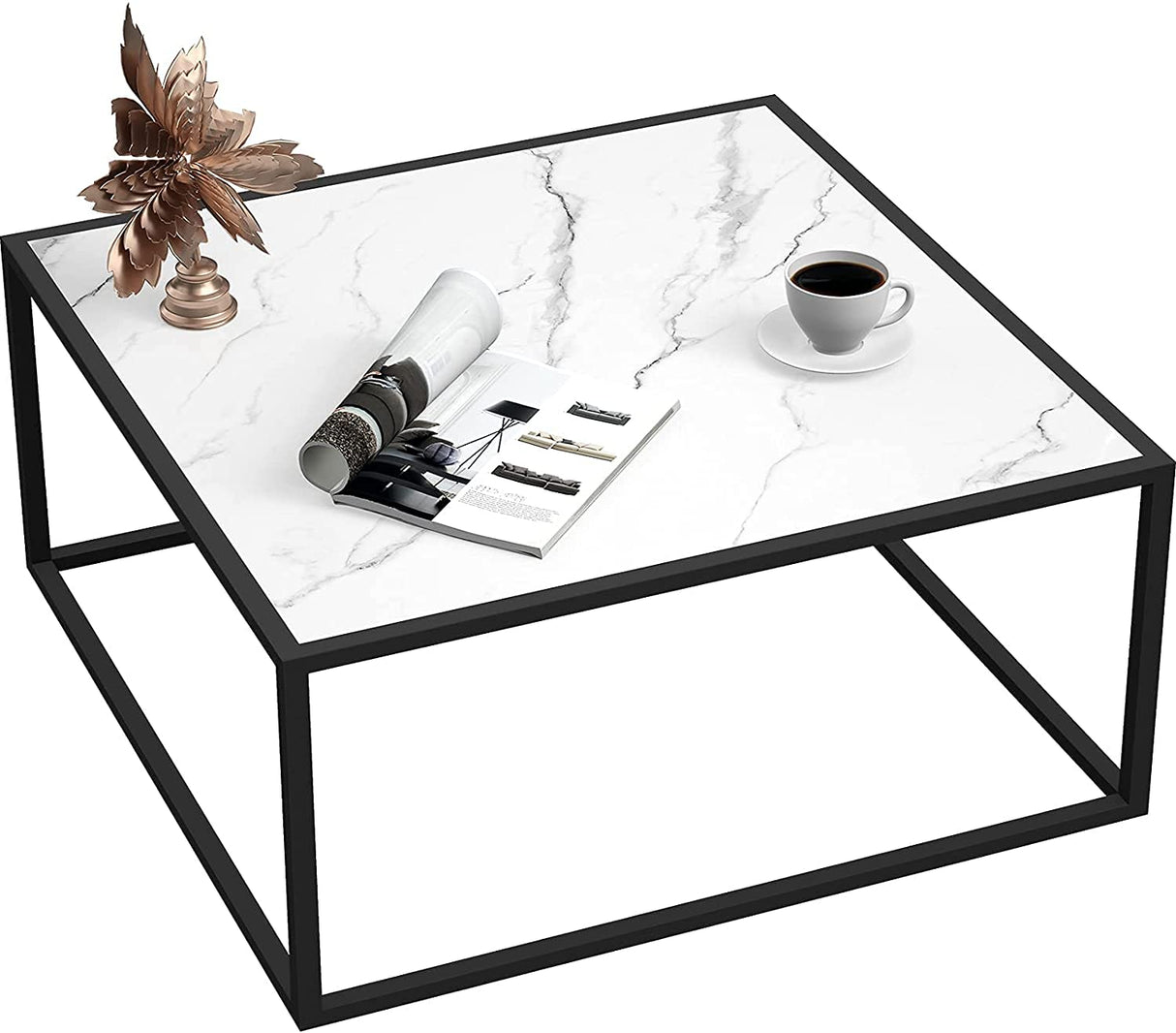 SAYGOER White Coffee Table,Small Square Coffee Table,Modern Center Table for Living Room Office 27.6 * 27.6 * 15.7 Inch, Easy Assembly, White Faux Marble Top SAYGOER