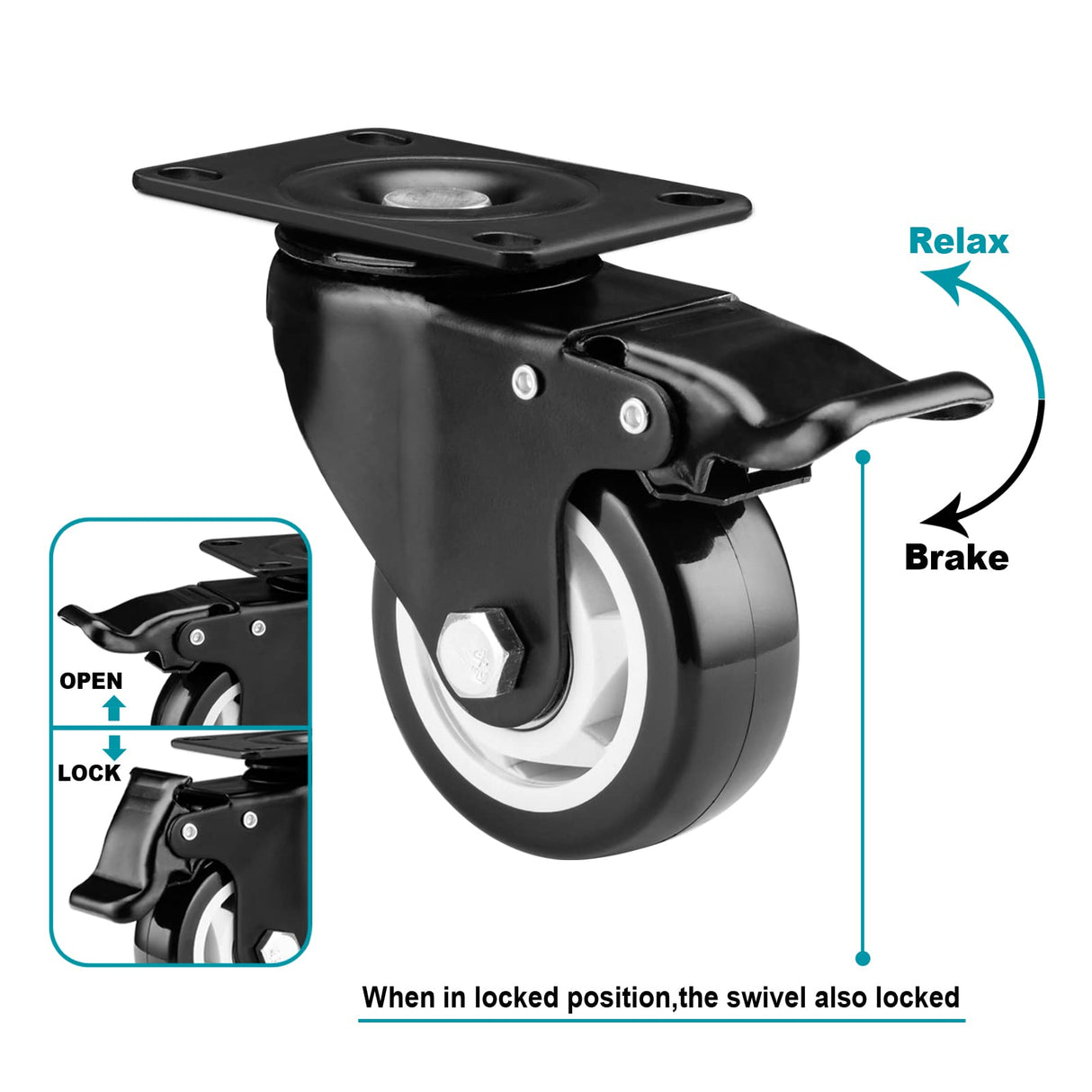 Caster Wheels - 3 Inch Casters Set of 4 Heavy Duty, BOSGEOT Locking Industrial Casters with 360 Degree No Noise Polyurethane Wheels, Swivel Plate Casters with Brake - Pack of 4 BOSGEOT