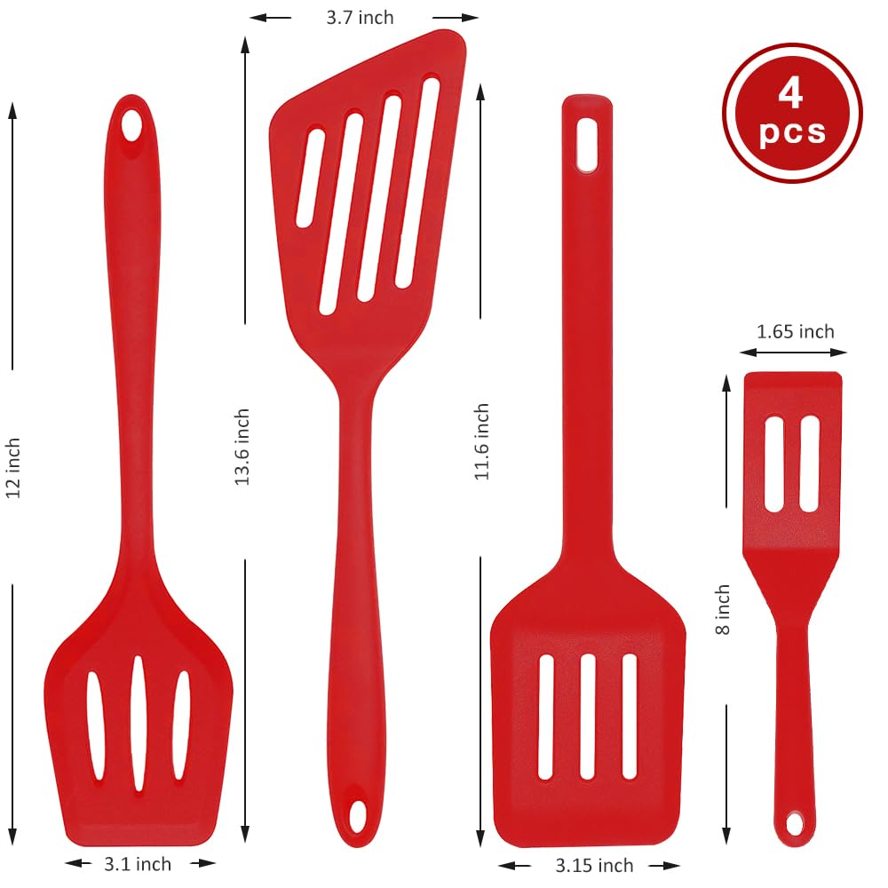 Pharamat Silicone Spatula Set of 4, Silicone Spatula Turner for Kitchen Use, Silicone Slotted Fish Turner Easy to Clean, Slotted Spatula for Eggs, Pancakes(Red) Pharamat