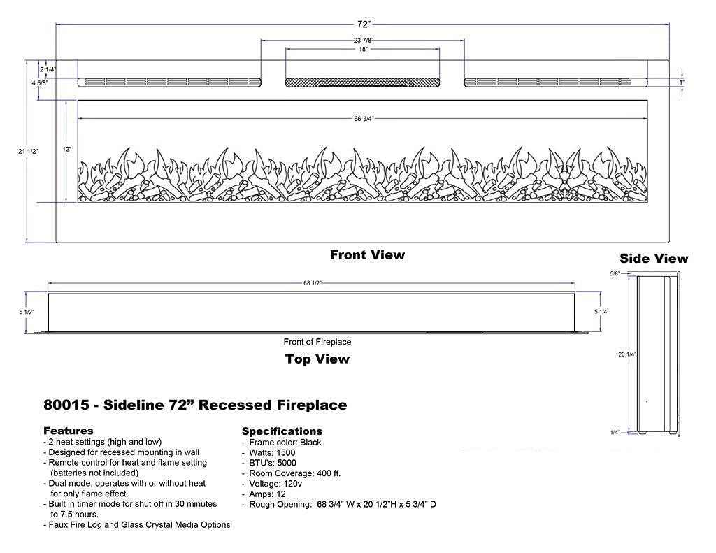 Touchstone Smart Electric Fireplace-The Sideline® 72 Inch Wide-in Wall Recessed-30 Realistic Ember Color/Flame Options-1500W Heater w/Thermostat-Black-Log & Crystal Hearth Options -Alexa/WiFi Enabled Touchstone