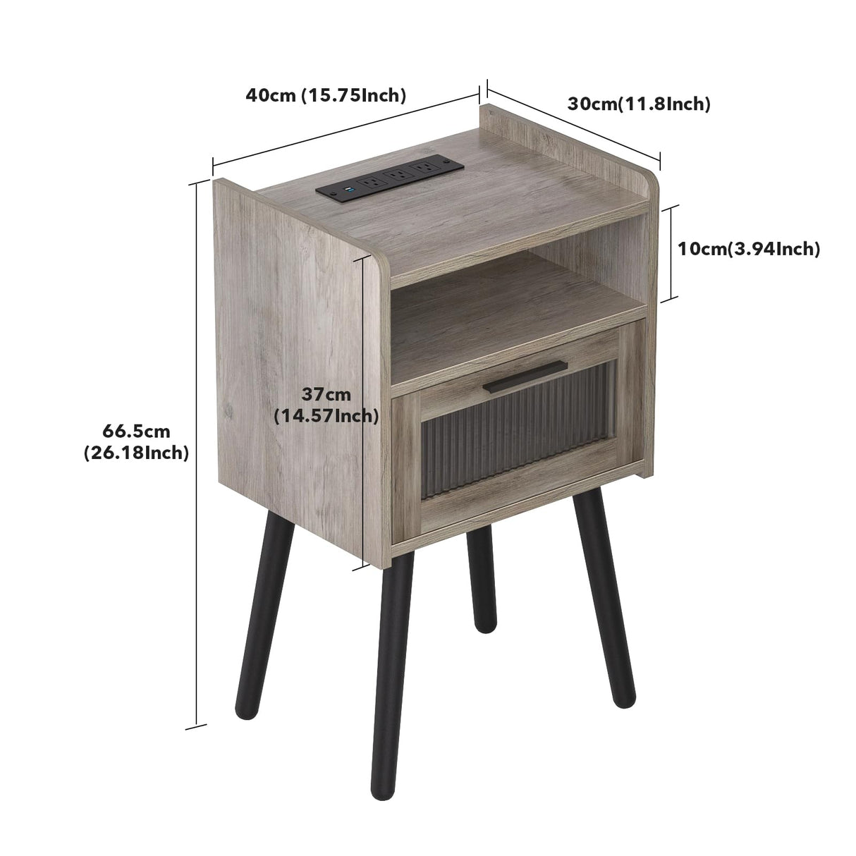 HAIOOU Set of 2 Mid Century Nightstand with Charging Station, Mid Century LED Light Modern End Table with Drawer, Glass Door, Open Shelf, Small Side Table Pine Wood Legs for Home Bedroom Living Room HAIOOU