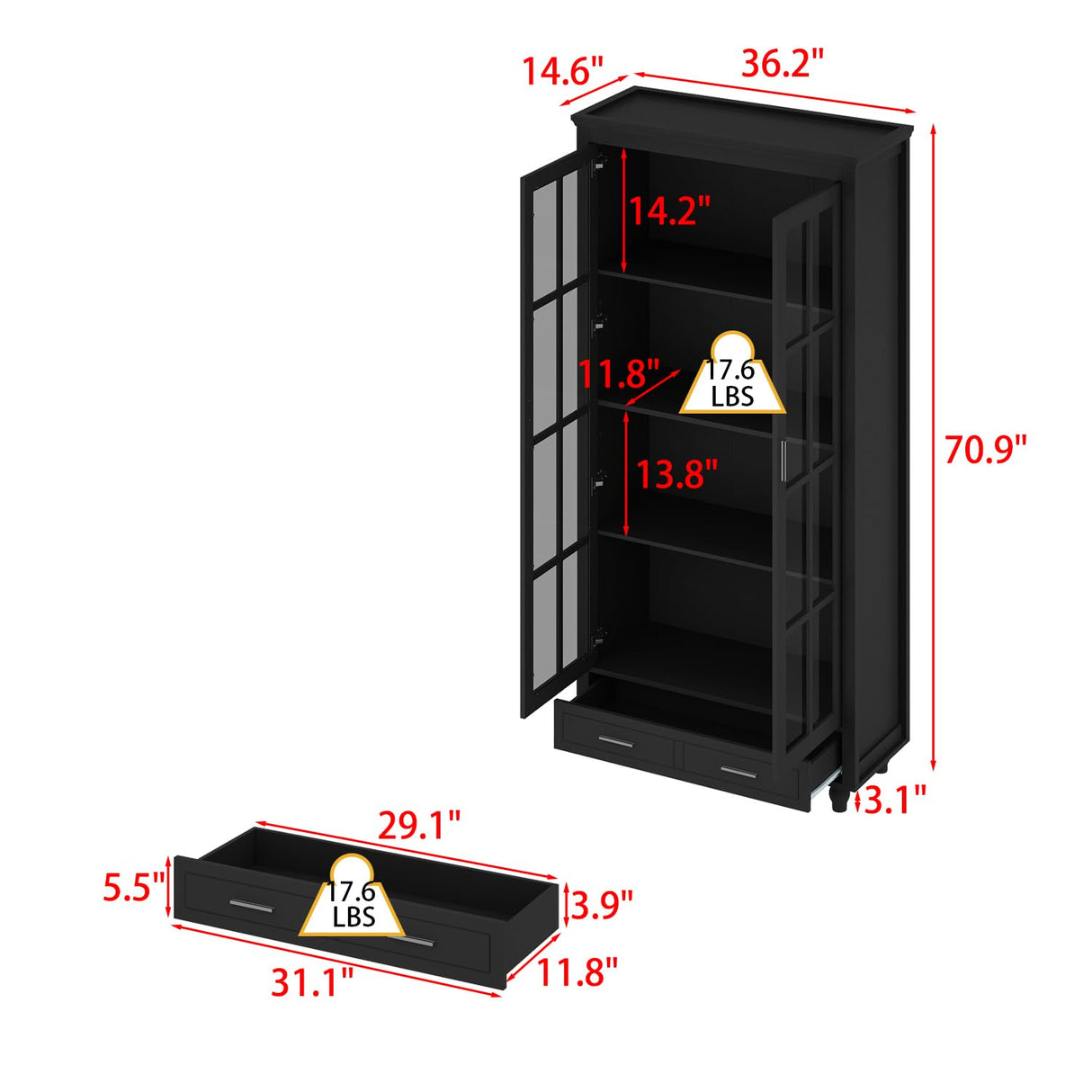 ECACAD Bookcase Storage Cabinet with Glass Doors & Drawer, 3-Tier Wooden Bookshelf Display Cabinet for Living Room, Home Office, Black (36.2”L x 14.6”W x 70.9”H) ECACAD