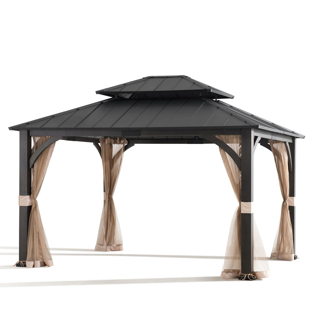Sunjoy Hardtop Gazebo 13 x 15 ft. Outdoor Patio Steel Frame Gazebo with 2-Tier Metal Roof and Mesh Netting, Black Sunjoy