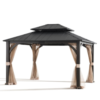 Sunjoy Hardtop Gazebo 13 x 15 ft. Outdoor Patio Steel Frame Gazebo with 2-Tier Metal Roof and Mesh Netting, Black