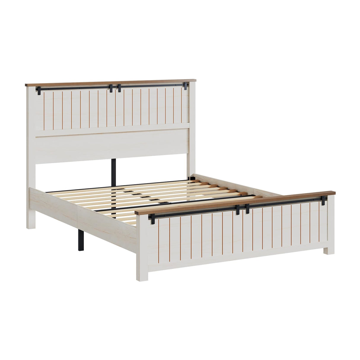LUXOAK Farmhouse Full Size Bed Frame with 47" Tall Headboard, Wooden Bed Frame with Groove Sliding Barn Door Footboard, Platform Bed with Wood Slats Support, Noiseless No Box Spring Needed, White LUXOAK