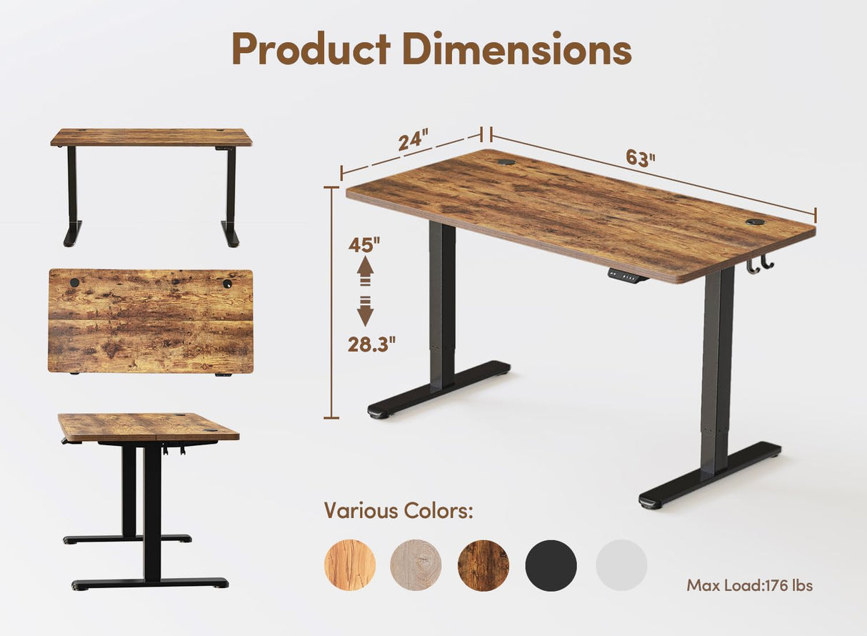 BANTI 63'' Standing Desk, Electric Stand up Height Adjustable Home Office Table, Sit Stand Desk with Splice Board, Rustic Brown BANTI
