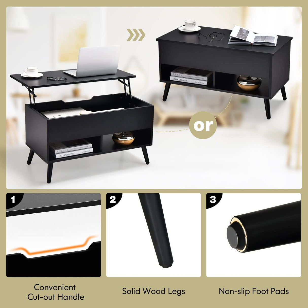 Tangkula Lift Top Coffee Table, Modern Cocktail Table with Hidden Compartment & 2 Open Shelves, Flip Top Center Table, Wooden Pull up Coffee Table for Living Room, Reception Room, Office (Black) Tangkula