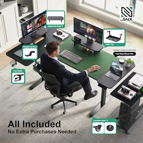 JWX L Shaped Standing Desk 63"x43", Dual Motor Height Adjustable Desk with Reversible Corner Setup, Curved Desktop, Upper Shelf, Cable Tray, Cup Holder, Headphone Hook, Matte Black JWX