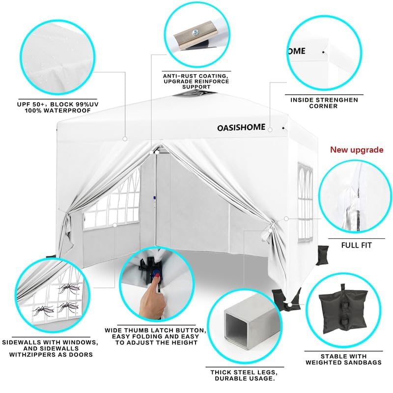 OASISHOME Pop-up Gazebo Instant Portable Canopy Tent 10'x10', with 4 Sidewalls, Windows, Wheeled Bag, for Patio/Outdoor/Wedding Parties and Events (10FTx10FT, White) OASISHOME