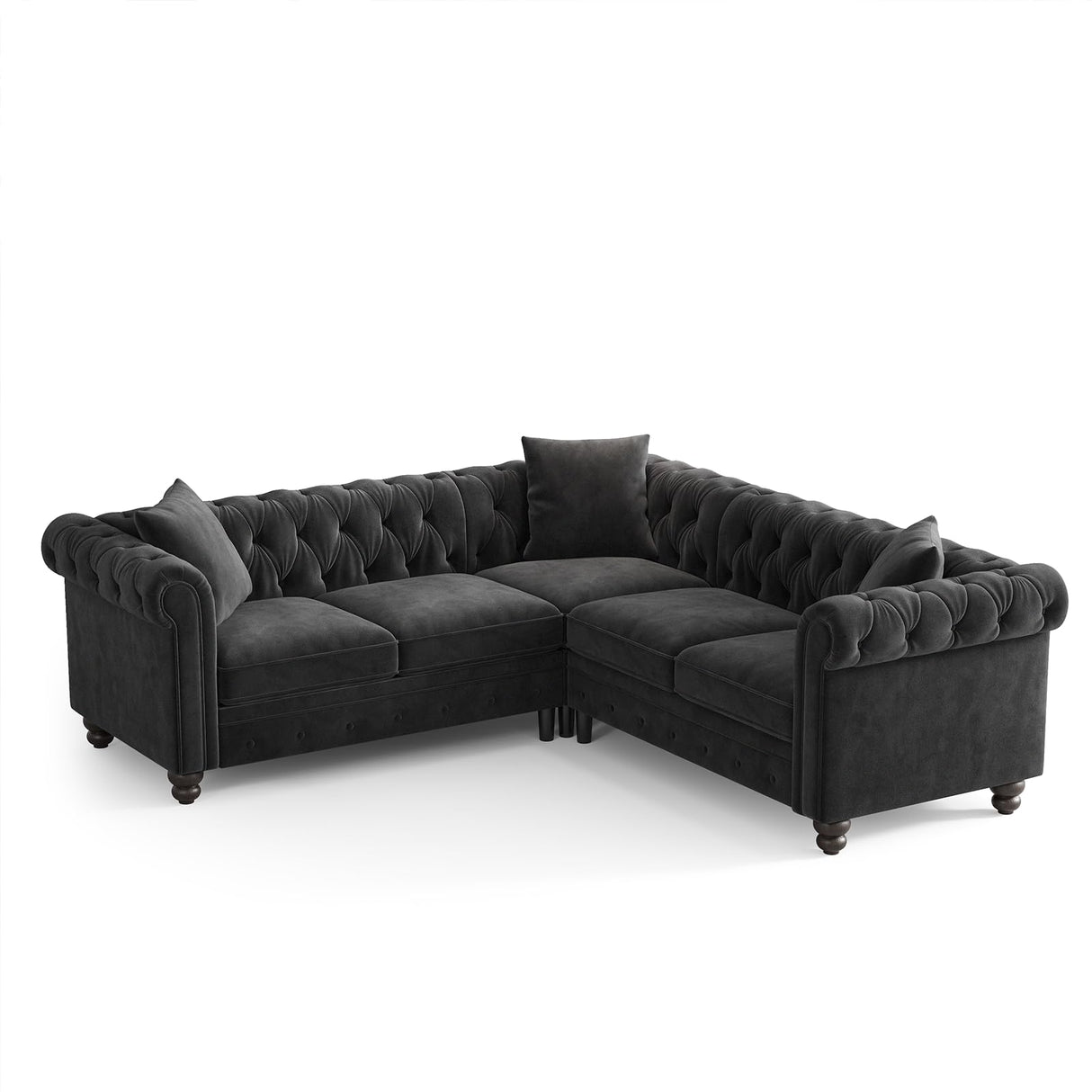ONBRILL Chesterfield L Shaped Sofa, Velvet Sectional Couches for Living Room, Tufted Corner Couch with Rolled Arms, 3 Throw Pillows, Comfy L Shaped Sectional Sofa for Apartment, Black ONBRILL