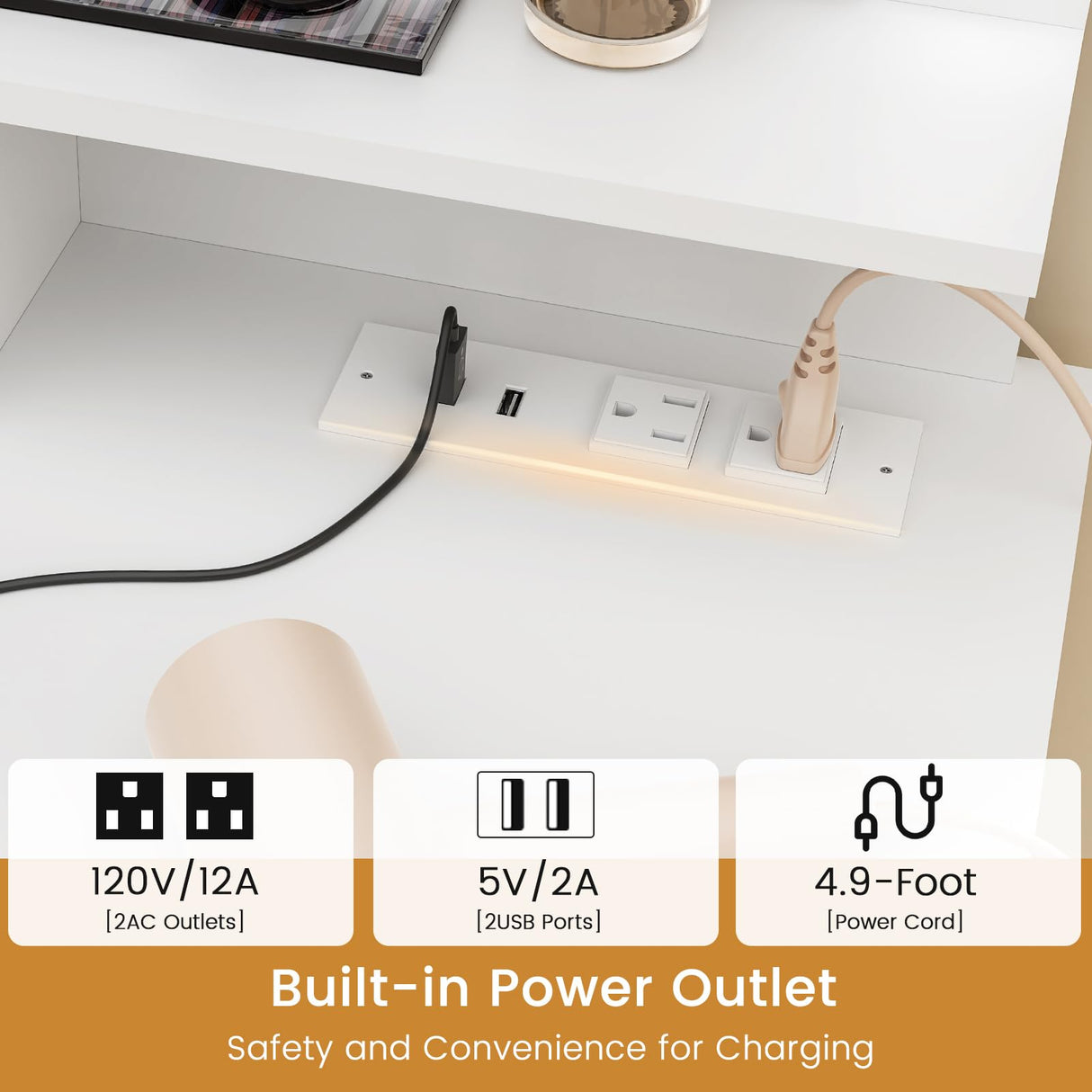 Quimoo Makeup Vanity with 10 Light Bulbs and Charging Station, Vanity Desk with Lighted Mirror & 4 Drawers Chest, Vanity Set, Vanity Table Set with Cushioned Stool, for Bedroom,White Quimoo