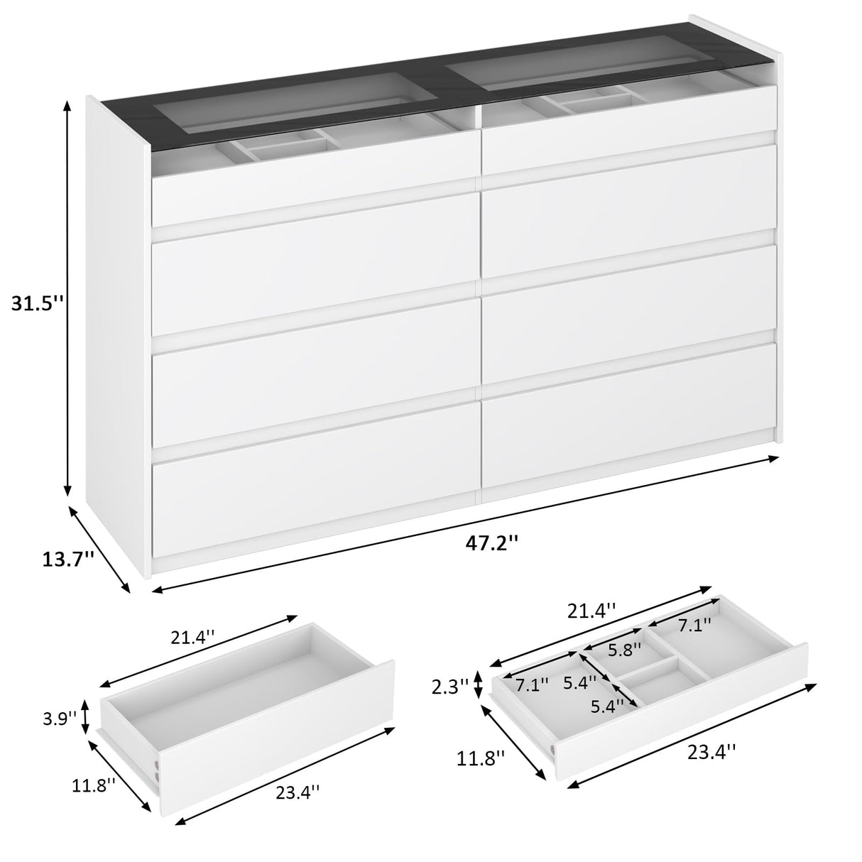ZORPLIX White Dresser for Bedroom, 8 Drawer Dresser with Glass Top and LED Light, Modern Chest of Drawers, Jewelry Dressers Display, Dressers Organizer for Bedroom, Closet, Living Room ZORPLIX