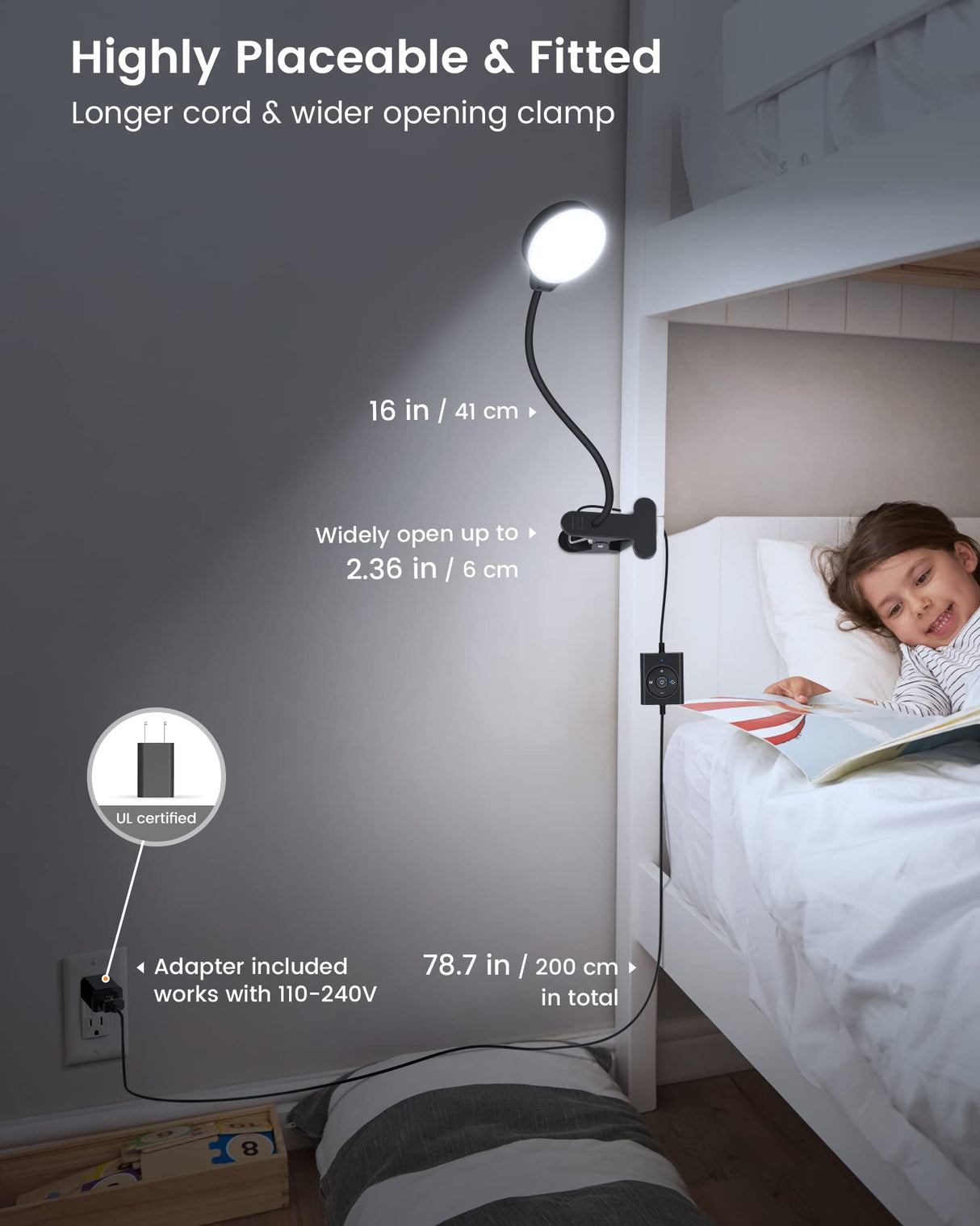 Glocusent 5W Clip on Light, 36LED Eye Caring Reading Light for Bed, 3 Colors & 5 Brightness Clip on Lamp with Adapter, Perfect Reading Light for Bed with Clamp/Bunk Bed/Headboard/Table/Desk Glocusent