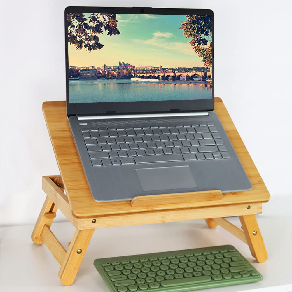 WKWKER Bamboo Laptop Desk with Folding Legs Tilting Surface Workstation Table Adjustable Laptop Stand Bed Tray for tv Sofa Study Computer Ipad Book (Natural) WKWKER