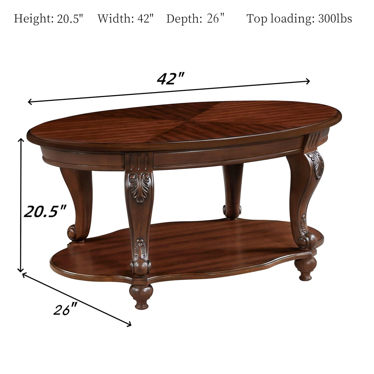 YWUFUART 42" Wood Coffee Table for Living Room Oval Coffee Table with Storage Shelf, Antique Table Legs with Elegant Carvings, Easy Assembly, Cherry YWUFUART