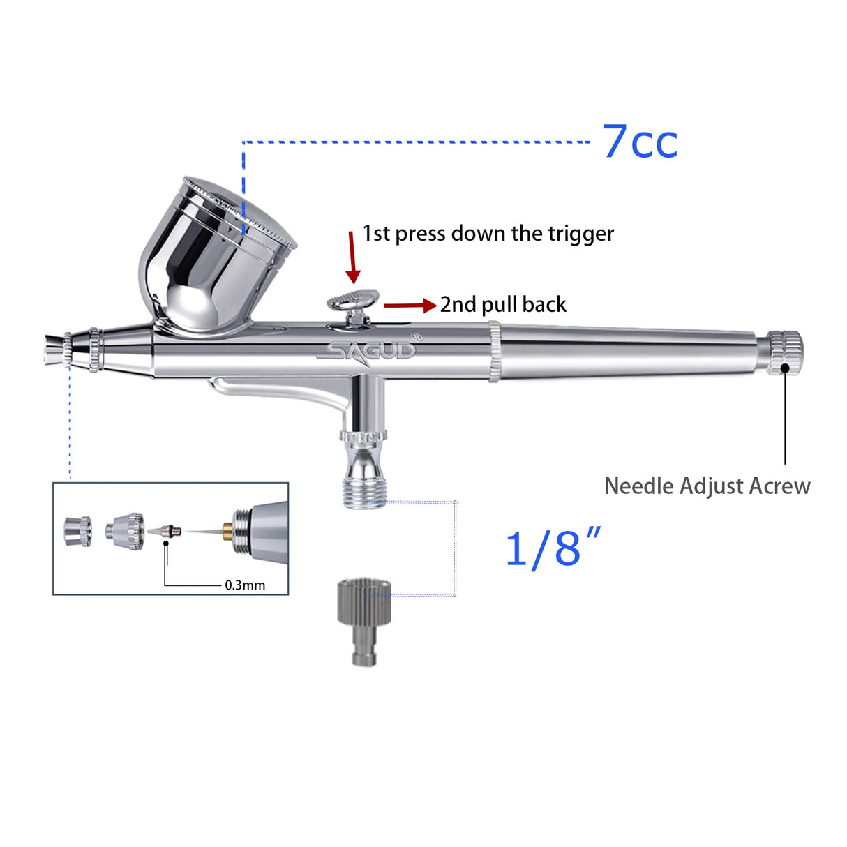 SAGUD Airbrush Kit Dual-Action Gravity Feed Air Brush Gun with 0.3mm and 1/3 oz. for Hobby, Models, Art, Tattoo, Nail Art, Cake SAGUD